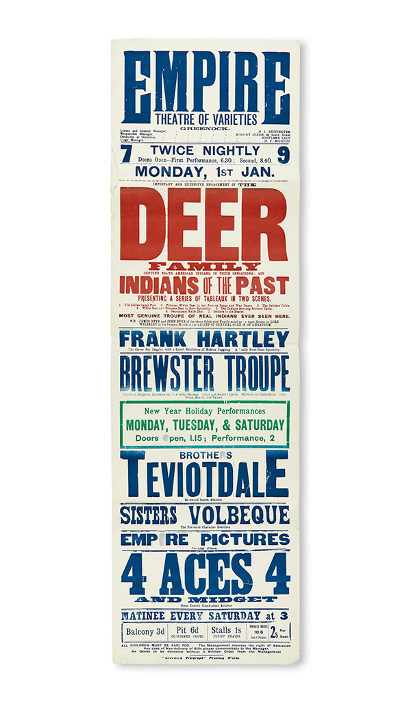 (AMERICAN INDIANS.) Poster for a performance in Scotland by the Deer Family . . . in their Sensational Act, Indians of the Past.